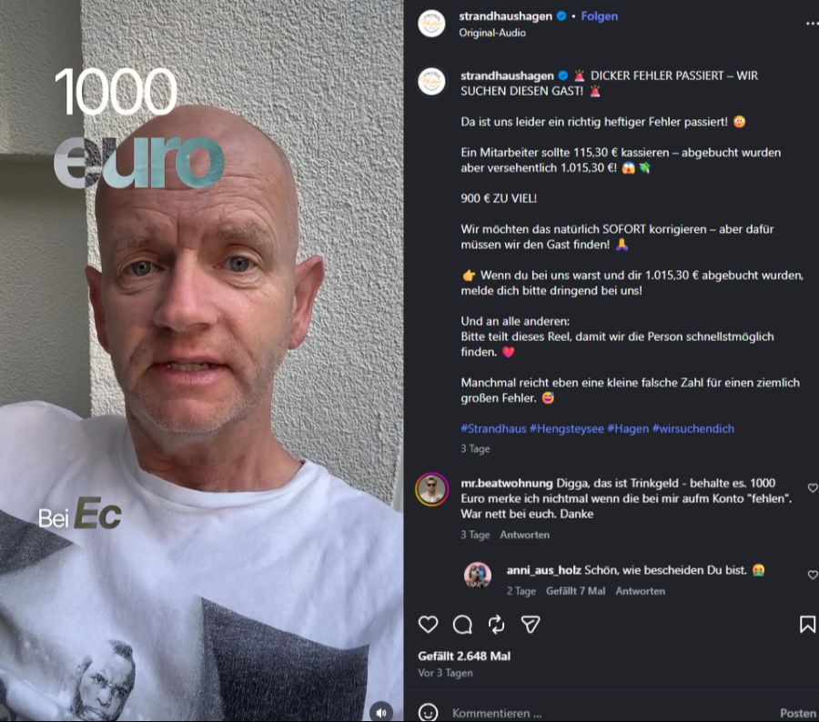 Der Gast bemerkte den Fehler nicht – daraufhin sucht ihn das Restaurant auf Social Media, um ihm die 900 Euro zurückzuzahlen.