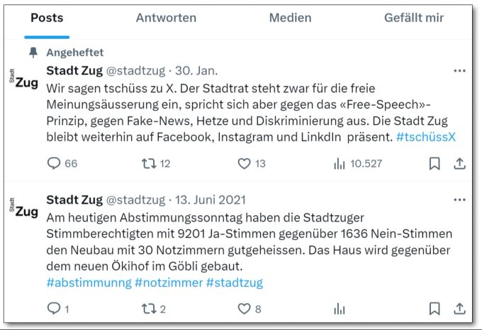 Die Stadt Zug zieht sich von X (vormals Twitter) zurück und hat seit 2021 nichts mehr gepostet. Stadt Zug Twitter X