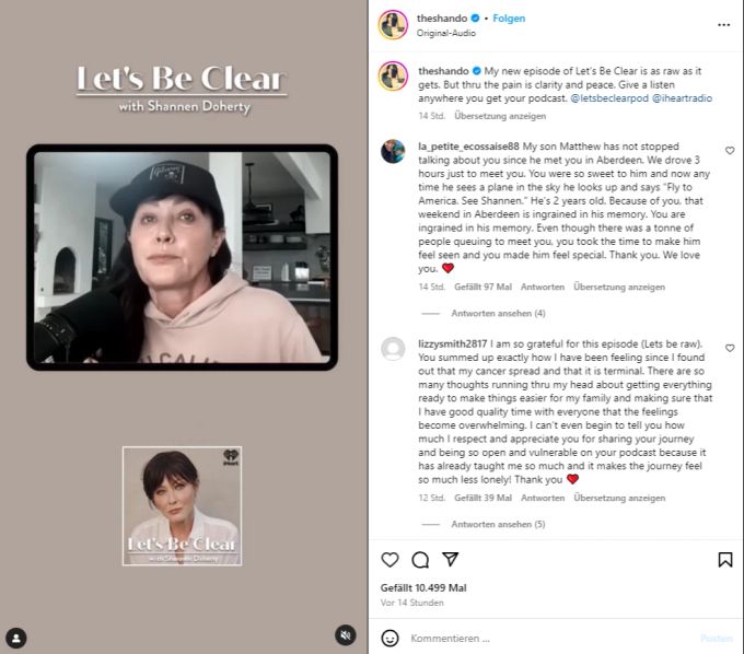 Shannen Doherty spricht in ihrem Podcast offen über ihre Krebserkrankung. Shannen Doherty