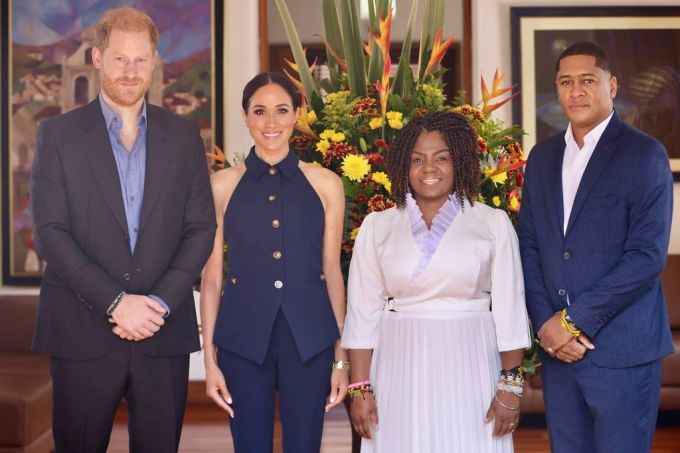 Meghan Markle und Prinz Harry beim Empfang von Kolumbiens Vizepräsidentin Francia Márquez (2. v. r.). Meghan Markle