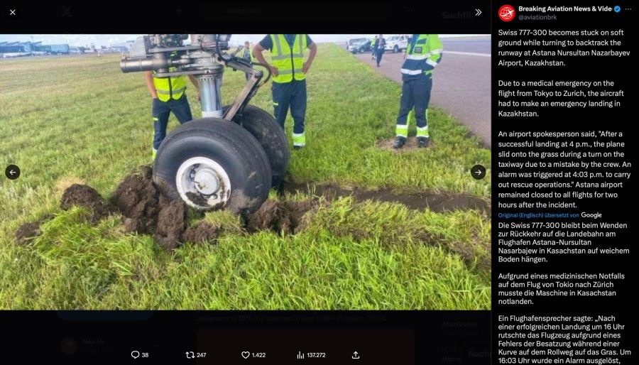 Das Vorderrad des Swiss-Fliegers war aus Versehen über eine angrenzende Wiese gefahren und steckte fest.