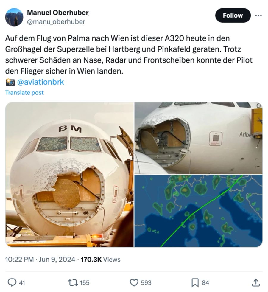 Der Flug #OS434 traf gegen 17.30 Uhr über Hartberg auf eine Gewitter-Zelle.