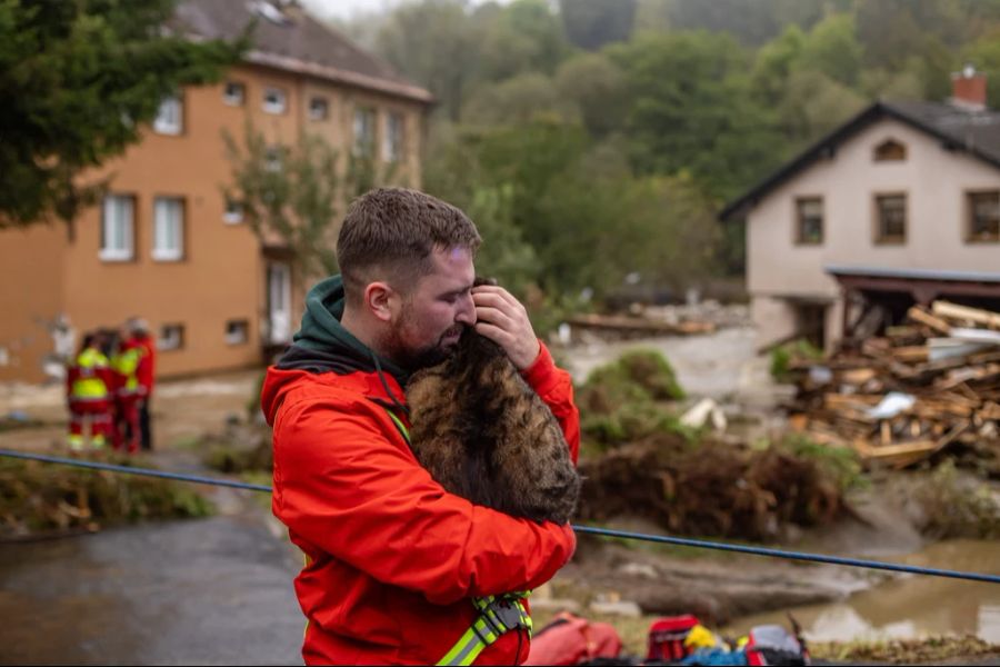 Mann trägt seine Katze