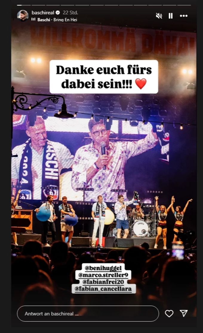 Auch Benjamin Huggel, Fabian Cancellara, Fabian Frei und Marco Streller sind beim Bühnenjubiläum von Baschi dabei. Baschi