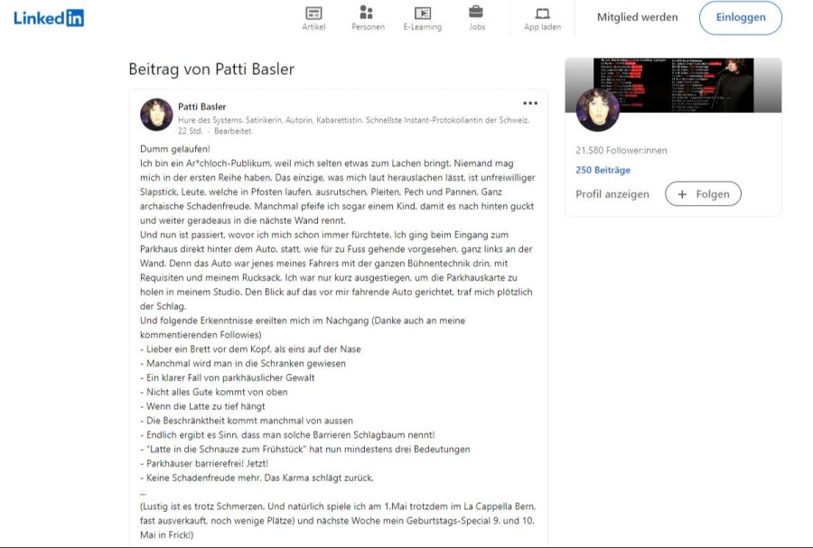 Patti Basler schreibt über ihren Nasen-Unfall auf LinkedIn.