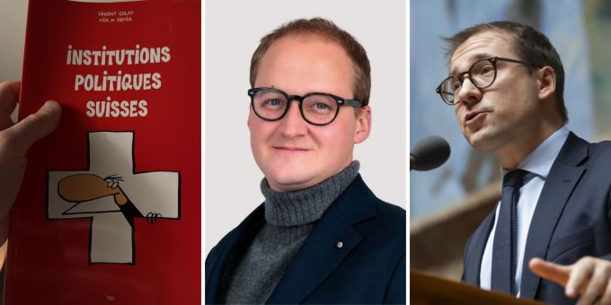 Der Genfer Grossrat Adrien Genecand und der Walliser Nationalrat Philippe Nantermod (beide FDP) ärgern sich über das Buch links im Bild. Genf Schulbuch