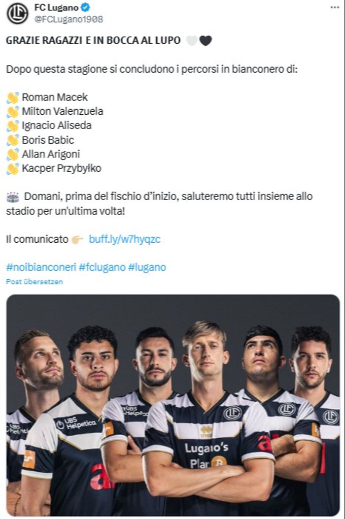 Lugano gibt den Abschied von sechs Spielern bekannt. FC Lugano