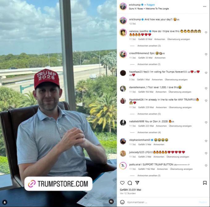 Auf Instagram postet der Sohn von Donald Trump ein Foto mit der neuen «Trump 2028»-Kappe. Eric Trump