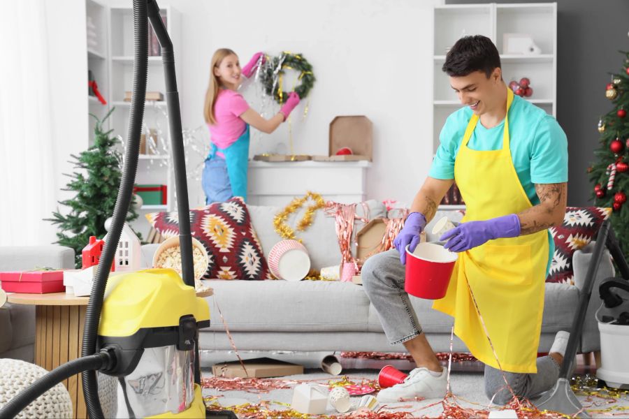 Frau und Mann räumen nach Silvester und Weihnachten im Wohnzimmer auf