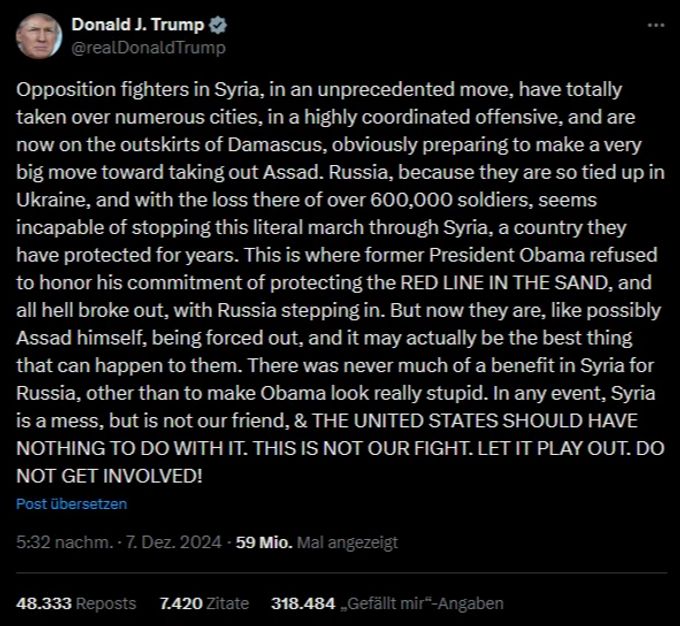 Trump warnt in einem Post davor, sich in den Syrien-Konflikt einzumischen. Syrien Trump