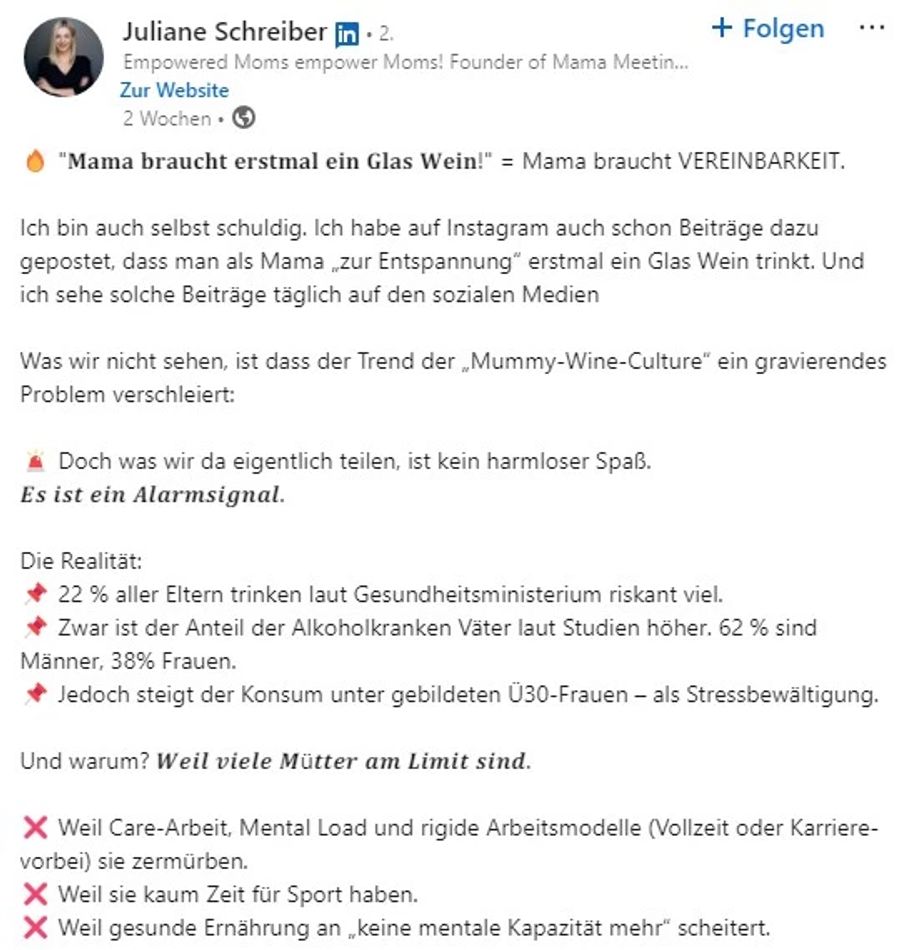 Die deutsche Vereinbarkeits-Expertin Juliane Schreiber warnt auf LinkedIn davor, die «Mummy-Wine-Culture» als harmloser Spass zu sehen.