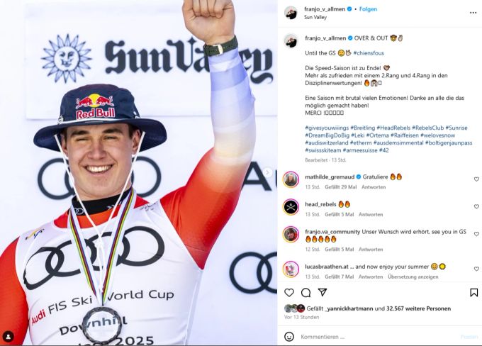Franjo von Allmen will am Mittwoch im Riesenslalom an den Start gehen, wie er auf Instagram mitteilt. Franjo von Allmen