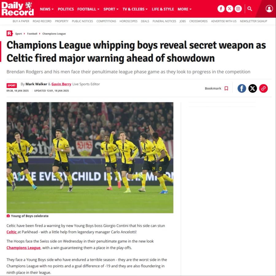 Der «Daily Record» sieht in YB die Prügelknaben der Champions League.