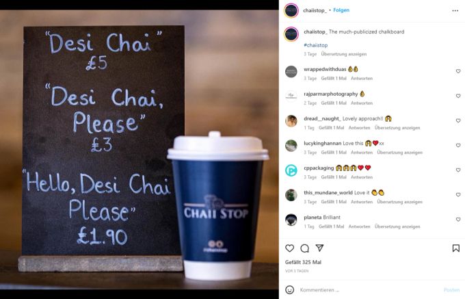 Wer seinen «Desi Chai» zum normalen Preis haben will, soll wenigstens Hallo und Bitte sagen, so das ungewöhnliche Konzept des Coffee-Shops. biernews