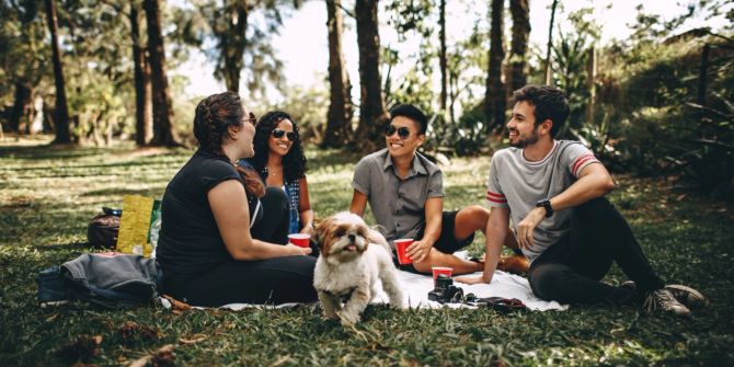 Menschen Freunde Picknick Hund Wiese