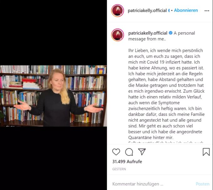 Patricia Kelly Corona: Die Musikerin erzählt in einer Instagram-Botschaft von ihrer Erkrankung. Patricia Kelly