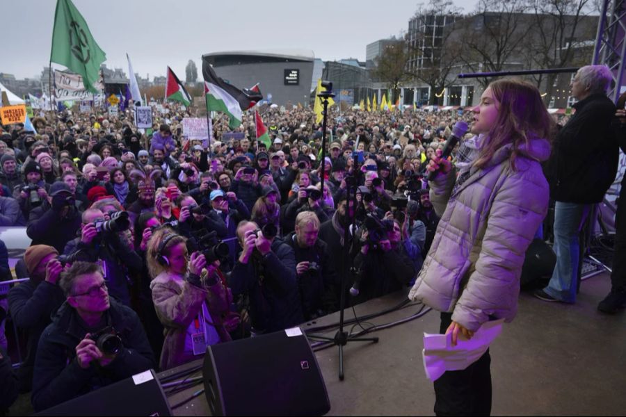 Greta Thunberg nutzt während einer Klimaprotestkundgebung die Bühne für ihre politische Meinung betreffend des Nahostkonflikts.