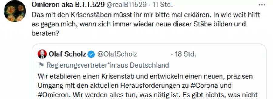 Der Twitter-User Omicron fragt sich, inwiefern die Bildung von Krisenstäben gegen die neuste Variante des Coronavirus helfen.