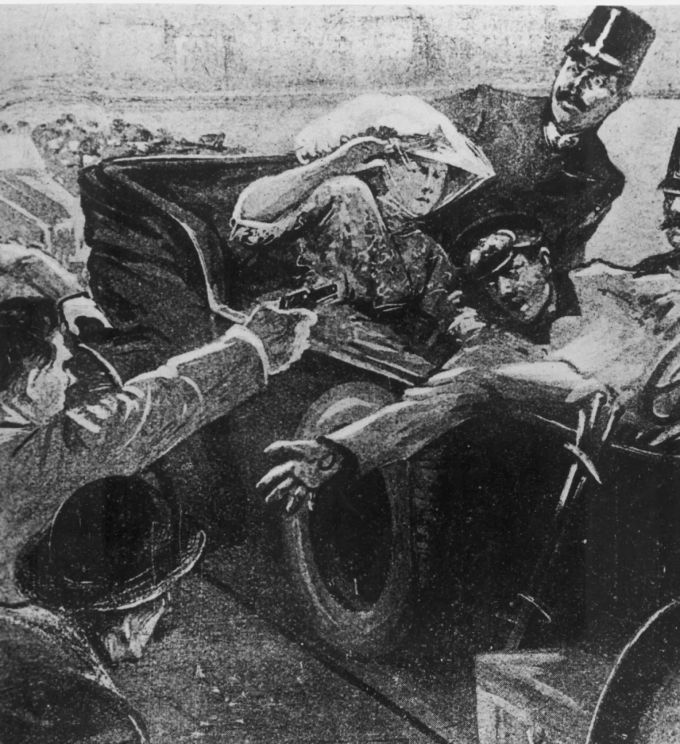 Die Grafik zeigt die Ermordung von Erzherzog Ferdinand und seiner Gemahlin beim Attentat von Sarajevo. Attentat von Sarajevo
