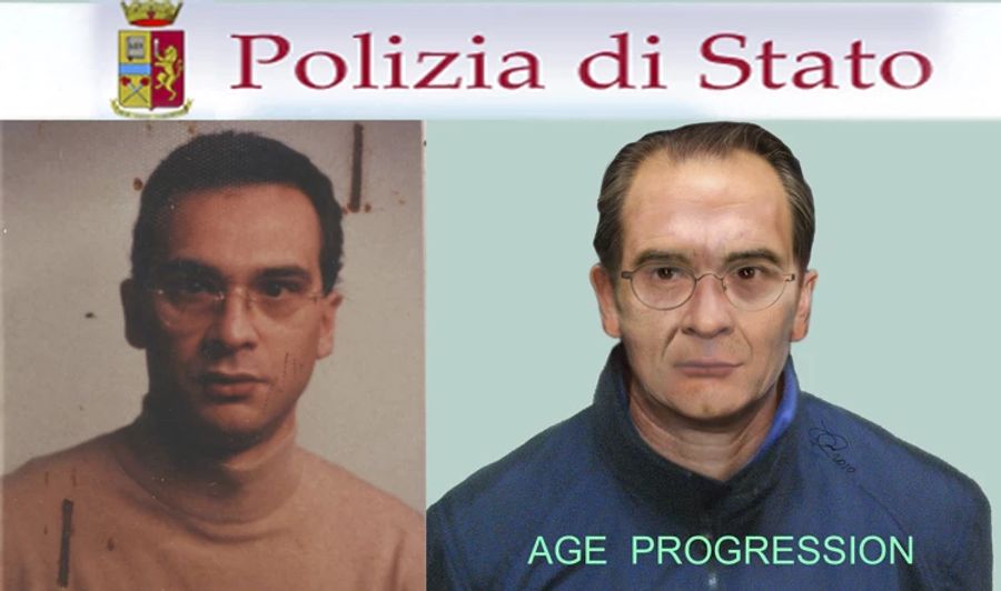 Eines der letzten bekannten Fotos von Denaro aus dem Jahre 1993. Rechts ein computergeneriertes Bild der italienischen Fahnder. (Italian Police, LaPresse via AP)