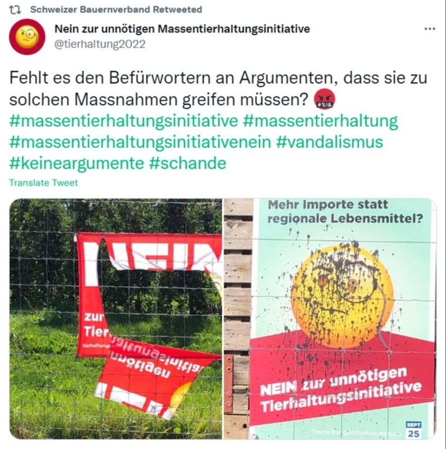 Der Bauernverband teilt Fotos von beschädigtem Kampagnenmaterial gegen die Massentierhaltungsinitiative.