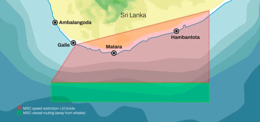 Eine Visualisierung der MSC-Pläne: Das grüne Gebiet kennzeichnet die neuen Schifffahrtsbereiche der Reederei. Im roten Bereich gilt eine Geschwindigkeitsbegrenzung auf 10 Knoten.