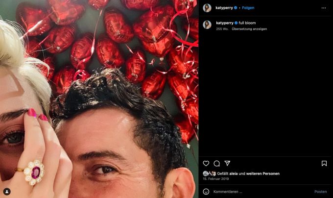 Hier zeigt Katy Perry ihren Verlobungsring auf Instagram im Februar 2019. Katy Perry Instagram Post