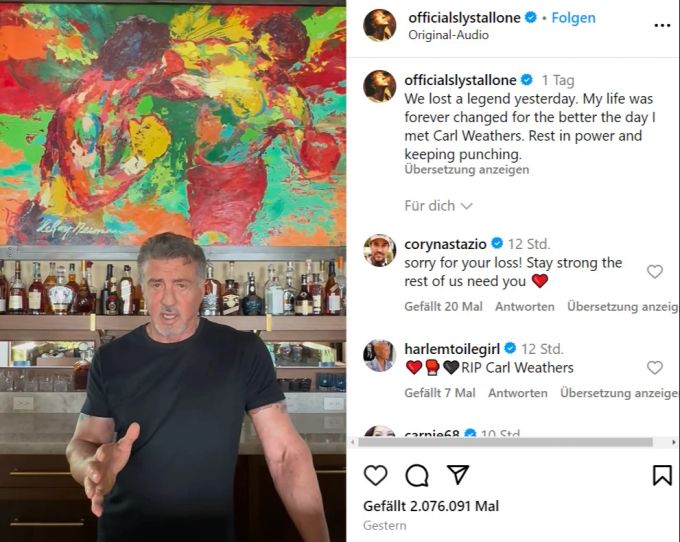 Silvester Stallone trauert auf Instagram um Carl Weathers. Carl Weathers Silvester Stallone
