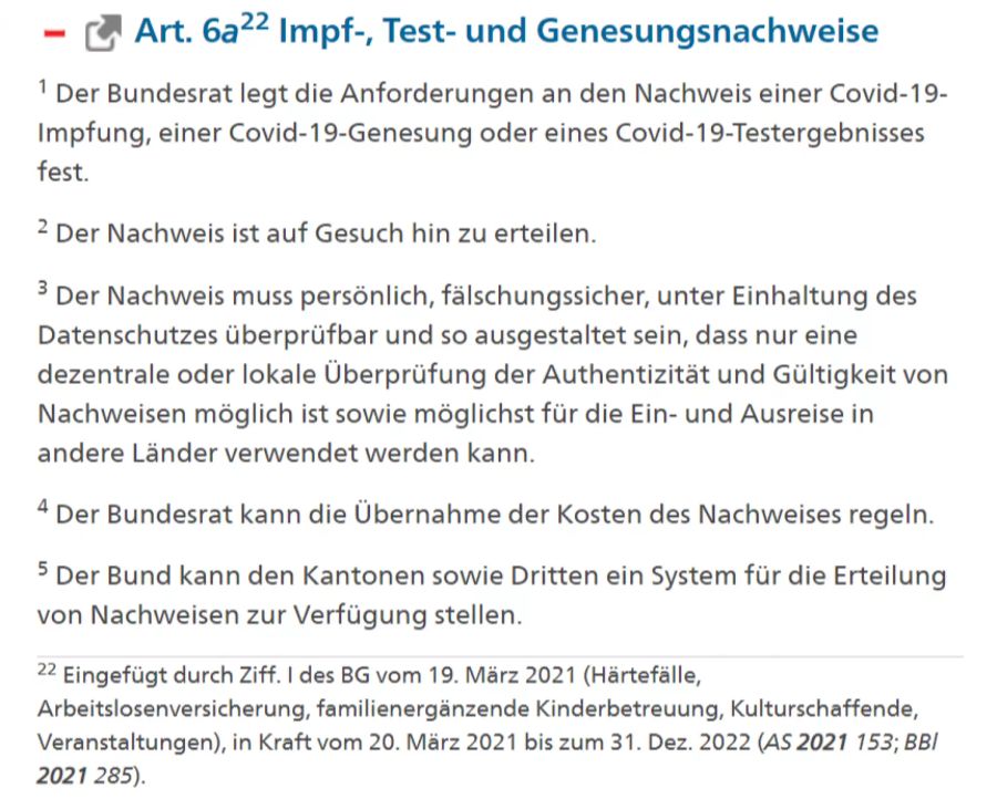 Der Artikel 6a im Covid-19-Gesetz regelt die legale Basis für ein Covid-Zertifikat.