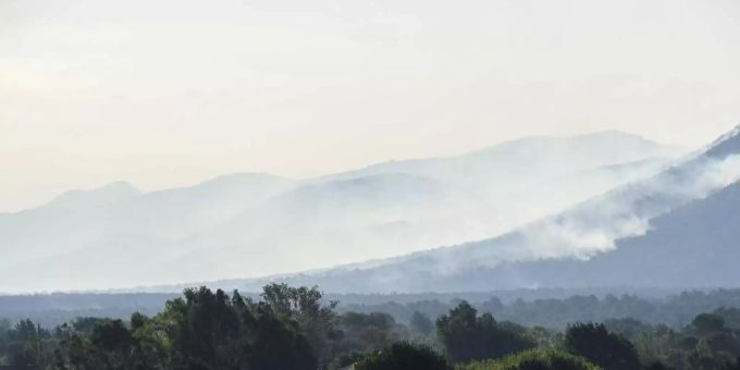 Rauch steigt über einem Wald nahe Gonfaron auf. Südfrankreich