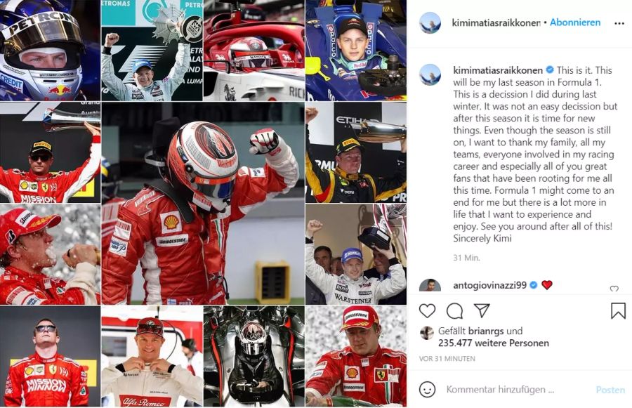 Kimi Räikkönen gibt seinen Rücktritt bekannt.