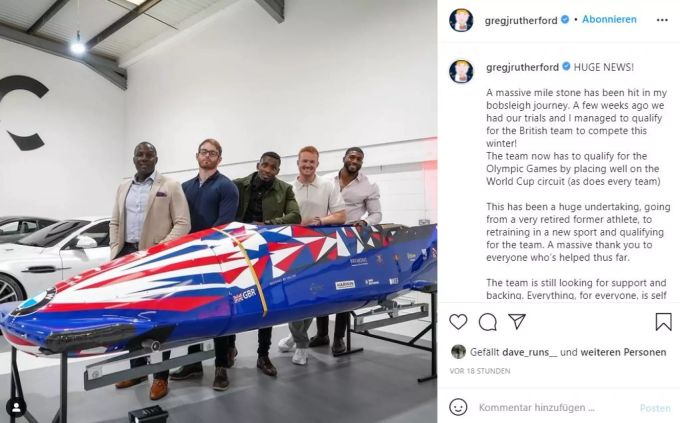 Greg Rutherford will mit dem Vierer-Bob an die Winterspiele 2022. Greg Rutherford
