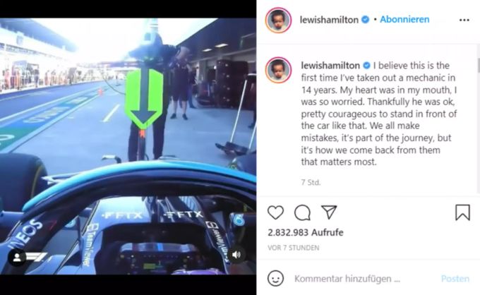 Lewis Hamilton teilt das Video des Unfalls auf Instagram. Lewsi Hamilton