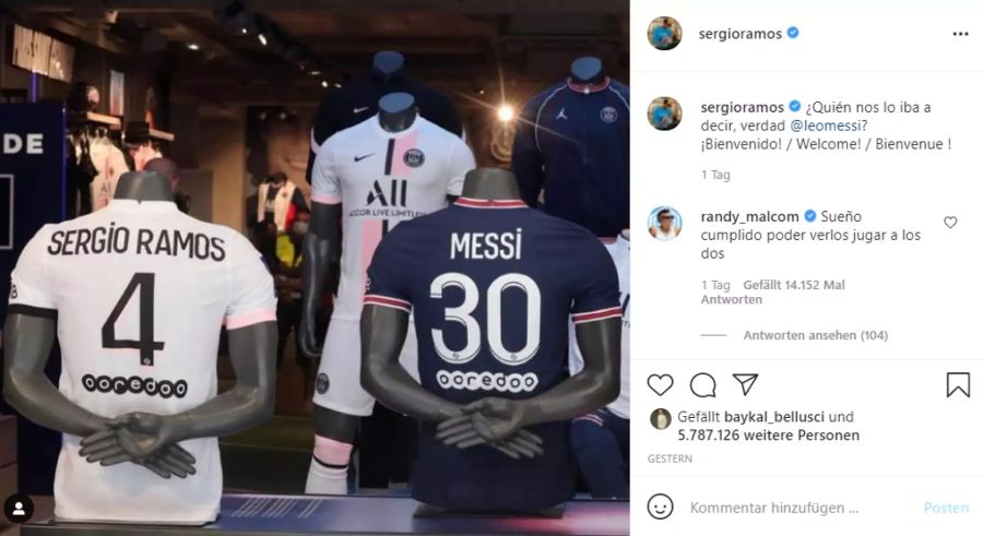 Sergio Ramos heisst Lionel Messi auf Instagram willkommen.