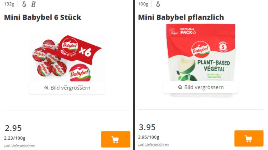 Manche Alternativprodukte kosten noch deutlich mehr als ihre veganen Gegenstücke. Links: 2,23/100g, Rechts: 3,95/100g.