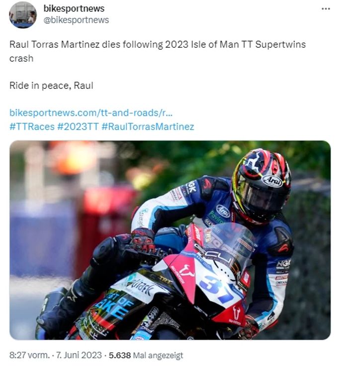 Raul Torras Martinez stürzte bei der Isle of Man TT 2023 schwer und erlag später seinen Verletzungen. Raul Torras Martinez