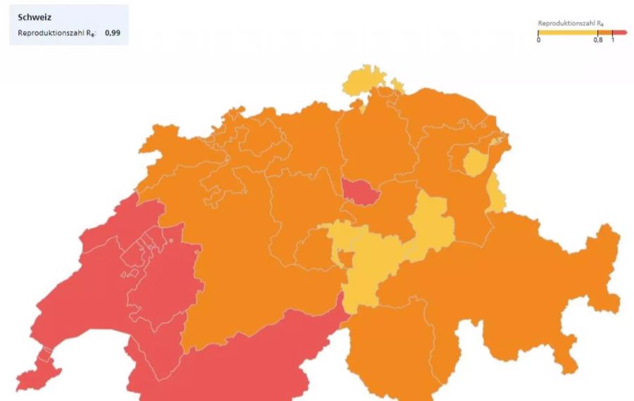 Am Donnerstag leuchtete die Schweizer Karte bei einem R-Wert von 0,99 in bedrohlichen rot bis orange.