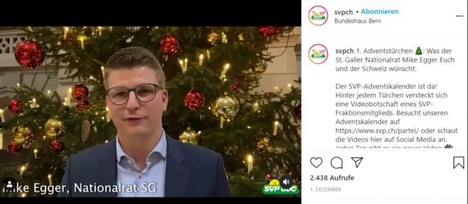 Dem St.Galler Nationalrat Mike Egger kam «die Ehre» des ersten SVP-Adventstürchen auf Instagram zu teil. Mike Egger Ueli Maurer