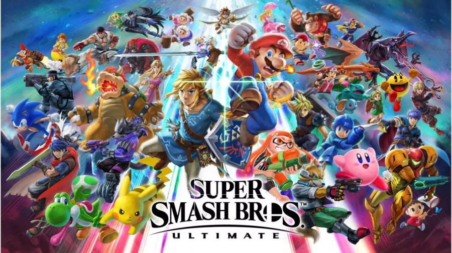 Einige der Super Smash Bros. Ultimate Charaktere im freien Fall vor einem Lichtblitz.