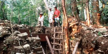 Archäologen betrachten eine Ausgrabungsstätte.