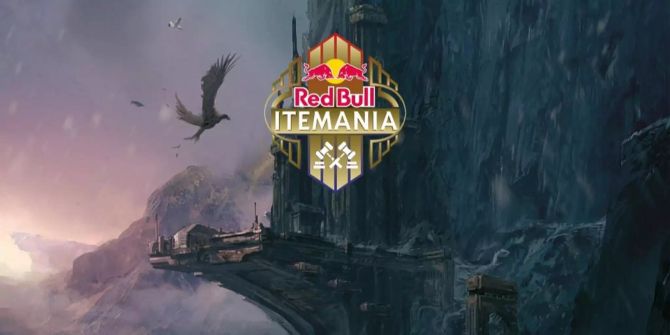 Das Logo vom Red Bull Itemania Turnier schwebt über einem Hintergrund aus League of Legends Artwork.