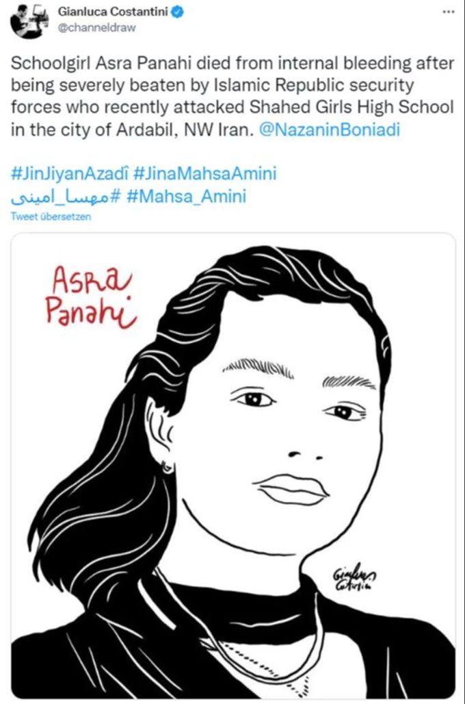 Mit Asra Panahi (†16) soll erneut ein junges Schulmädchen im Iran von Sicherheitskräften getötet worden sein. Asra Panahi