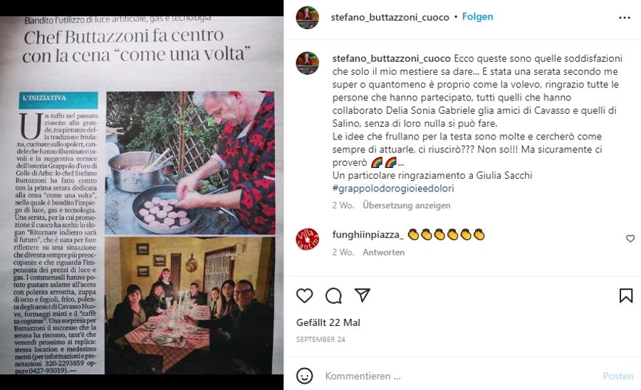 Neu organisiert der Koch wöchentliche Abendessen bei Kerzenlicht. Auf Instagram hält er seine Follower regelmässig auf dem laufenden.
