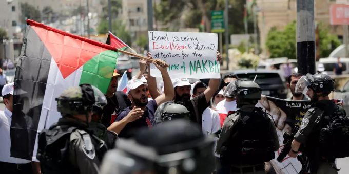 Am Tag der Nakba protestieren hunderte Menschen gegen den Eurovision Song Contest. Gaza-Streifen Protest