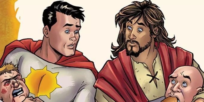 Sun-Man und Jesus auf einer Comic Zeichnung von DC. Jesus DC Comics