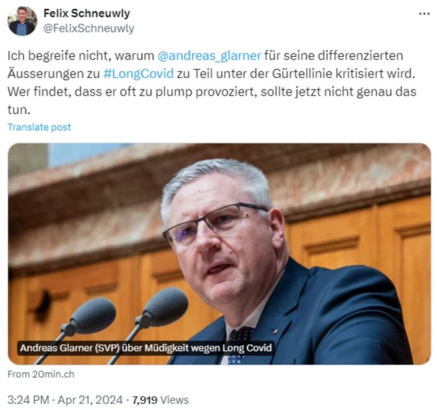 Felix Schneuwly, Public-Affairs-Chef bei «Comparis», begreift nicht, dass Glarner für seine «differenzierten Äusserungen» zum Teil «unter der Gürtellinie» kritisiert werde.