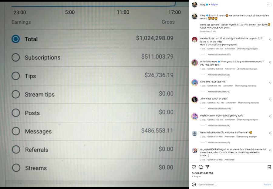 Die 18-Jährige behauptet, mit ihrem OnlyFans-Account bereits nach drei Stunden über eine Million Dollar verdient zu haben.