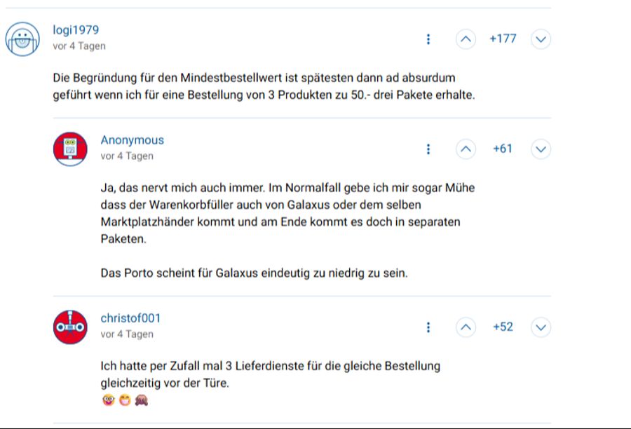 Der Mindestbestellwert wird aber auch kritisiert, weil die Bestellungen dann manchmal in mehreren Paketen ankommen.