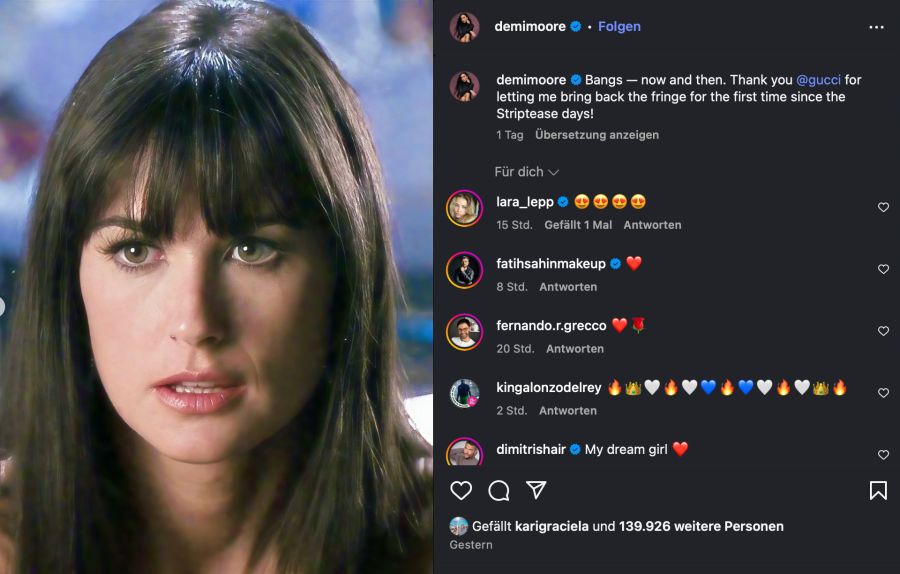 In den 90ern trug Demi Moore ebenfalls einen Pony und lässt den Haarschnitt nun wieder aufleben.