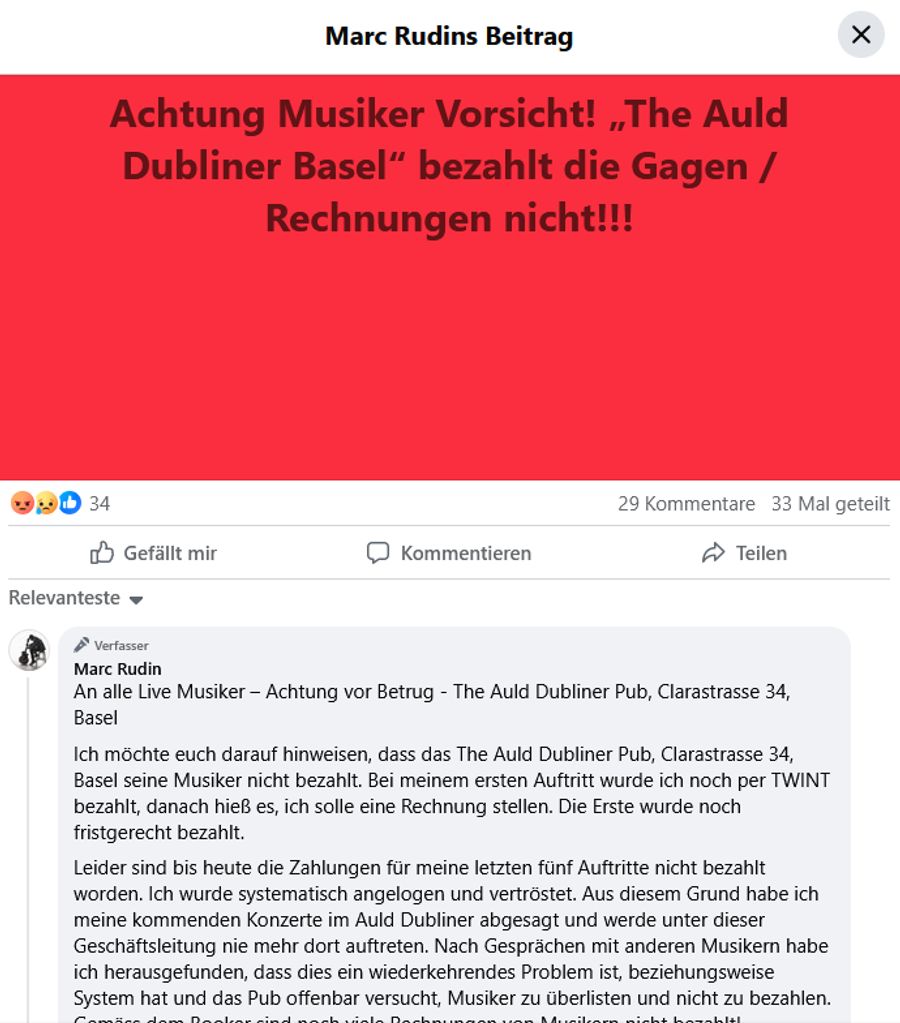 Auf Facebook warnt ein Musiker seine Berufskollegen vor möglicher Abzocke.